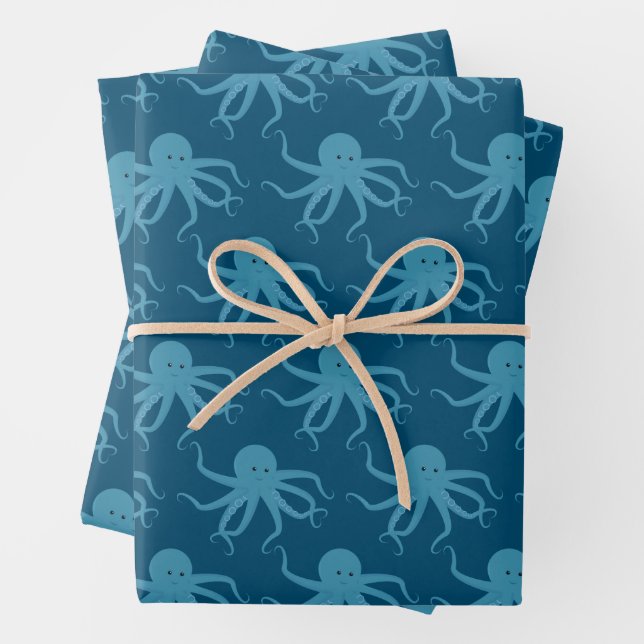 Octopus Pattern Blue Animal Wrapping Paper Sheets (In situ)