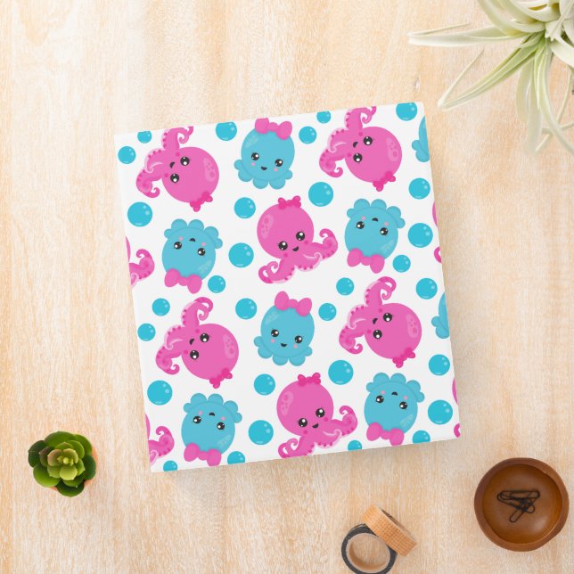 Octopus Pattern, Cute Octopus, Sea Animals 3 Ring Binder (In Situ)