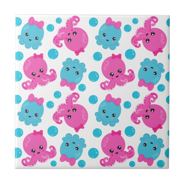 Octopus Pattern, Cute Octopus, Sea Animals Ceramic Tile (Front)