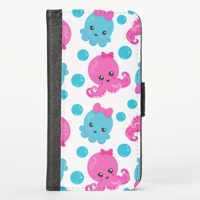 Octopus Pattern, Cute Octopus, Sea Animals iPhone Wallet Case (Front)