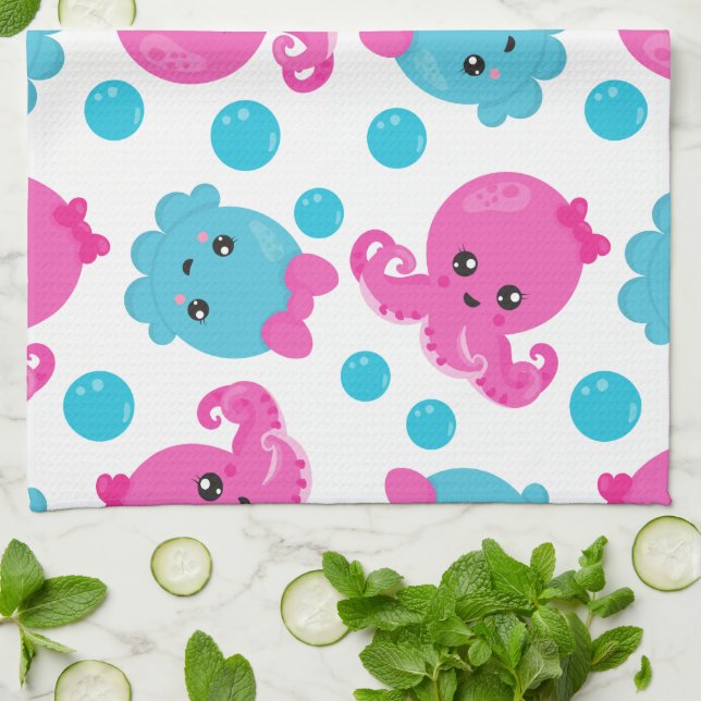 Octopus Pattern, Cute Octopus, Sea Animals Kitchen Towel (Folded)