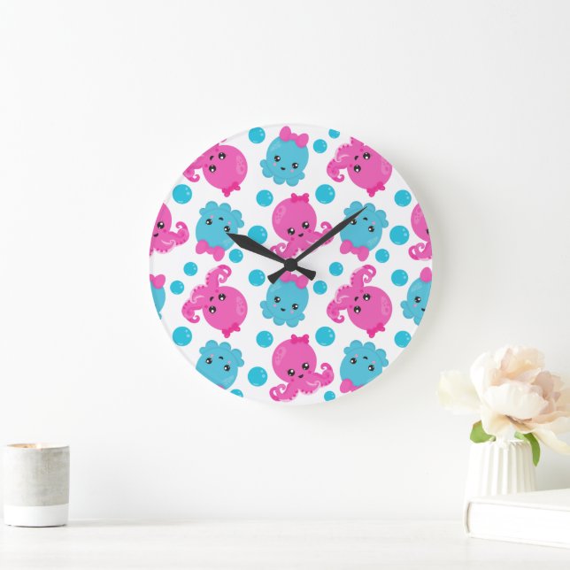 Octopus Pattern, Cute Octopus, Sea Animals Large Clock (Home)