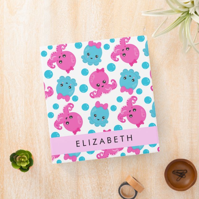 Octopus Pattern, Cute Octopus, Sea, Your Name 3 Ring Binder (In Situ)