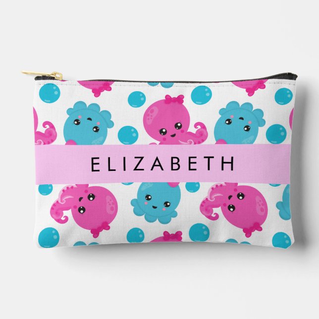 Octopus Pattern, Cute Octopus, Sea, Your Name Accessory Pouch (Front)