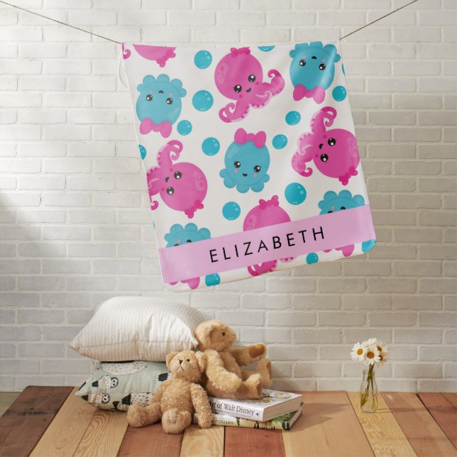 Octopus Pattern, Cute Octopus, Sea, Your Name Baby Blanket (In Situ)
