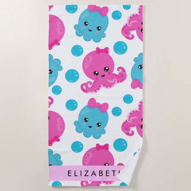 Octopus Pattern, Cute Octopus, Sea, Your Name Beach Towel (Front)