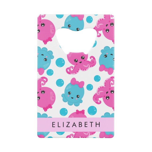 Octopus Pattern, Cute Octopus, Sea, Your Name Credit Card Bottle Opener (Front)