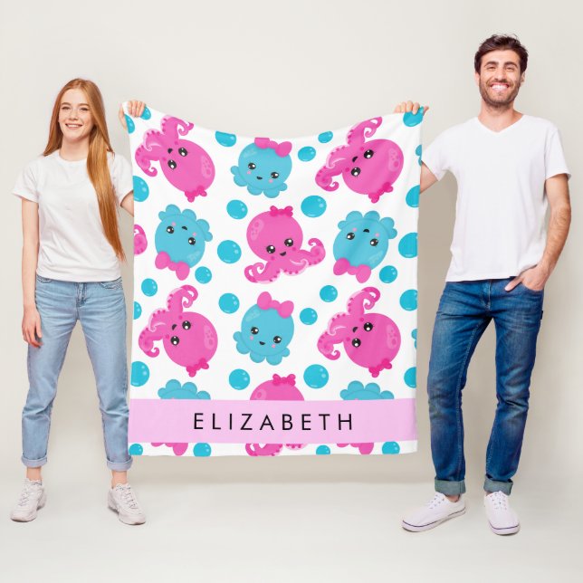 Octopus Pattern, Cute Octopus, Sea, Your Name Fleece Blanket (In Situ)