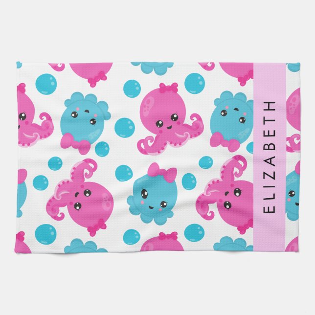 Octopus Pattern, Cute Octopus, Sea, Your Name Kitchen Towel (Horizontal)