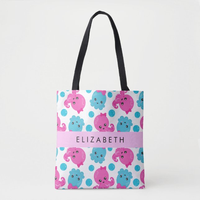 Octopus Pattern, Cute Octopus, Sea, Your Name Tote Bag (Front)