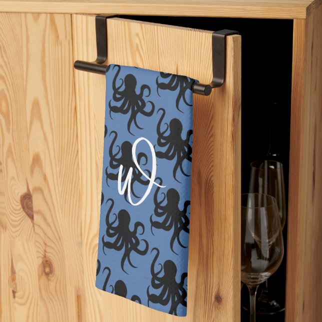 Octopus Pattern Single Initial Dark Blue Kitchen Towel (Thirds Fold)