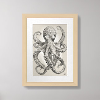 Octopus Pencil Drawing – Black and White Vintage S Framed Art
