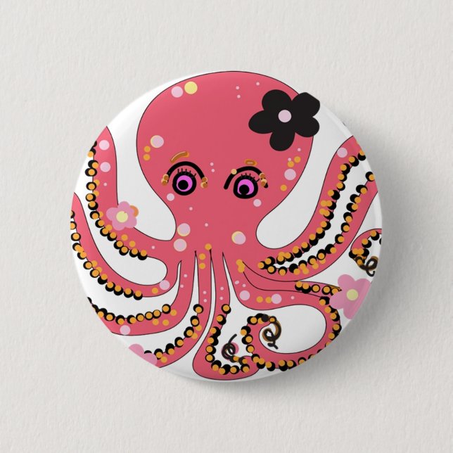 octopus pink flower art button (Front)