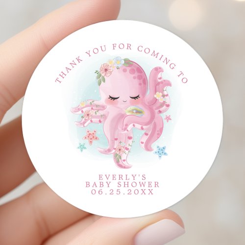 Octopus Pink Watercolor Girl Baby Shower Thank You Classic Round Sticker