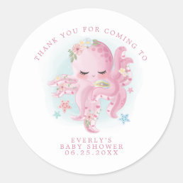 Octopus Pink Watercolor Girl Baby Shower Thank You Classic Round Sticker