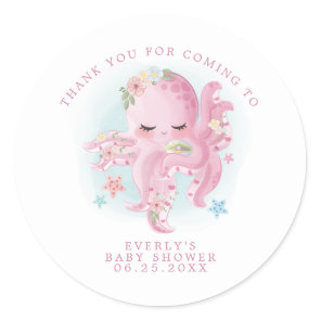 Octopus Pink Watercolor Girl Baby Shower Thank You Classic Round Sticker