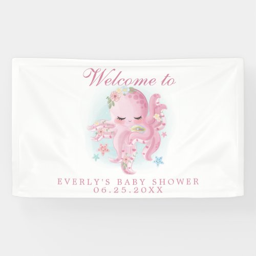 Octopus Pink Watercolor Girl Baby Shower Welcome Banner