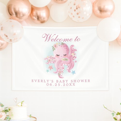 Baby Shower Signs 4 Octopus Pink Watercolor Girl Baby Shower Welcome Banner