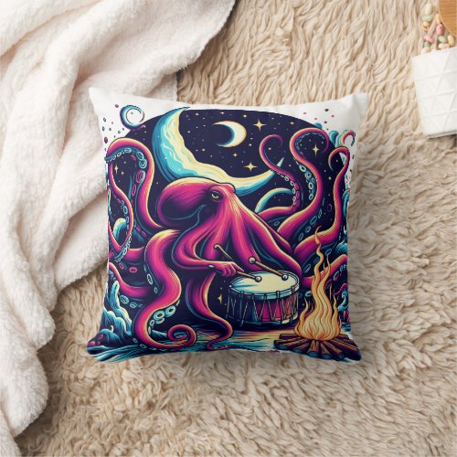 Octopus Playing Drum By Campfire Under Night Sky Throw Pillow