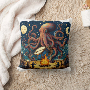 Octopus Playing Drum by Campfire Under Stars Throw Pillow