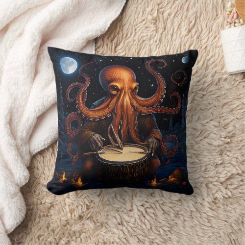 Octopus Playing Drum Under Starry Night Sky Throw Pillow