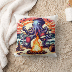 Octopus Playing Drums at Sunset Beach Campfire Throw Pillow
