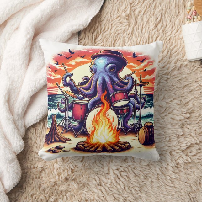 Octopus Playing Drums at Sunset Beach Campfire Throw Pillow (Blanket)