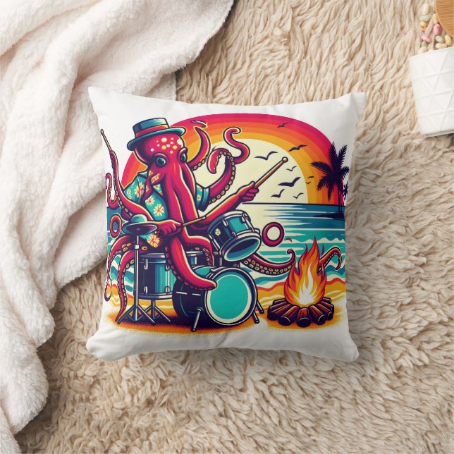 Octopus Playing Drums at Sunset Beach Party Throw Pillow (Blanket)