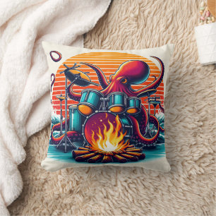 Octopus Playing Drums by a Campfire at Dusk Throw Pillow