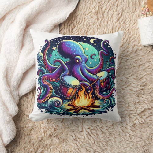 Octopus Playing Drums by a Campfire at Night Throw Pillow