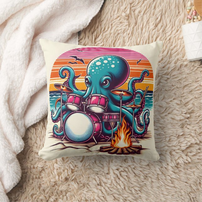 Octopus Playing Drums by a Campfire at Sunset Throw Pillow (Blanket)