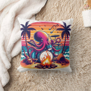 Octopus Playing Drums by Campfire at Sunset Throw Pillow