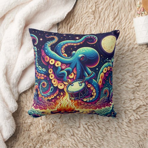 Octopus Playing Drums by Campfire Under Moonlight Throw Pillow