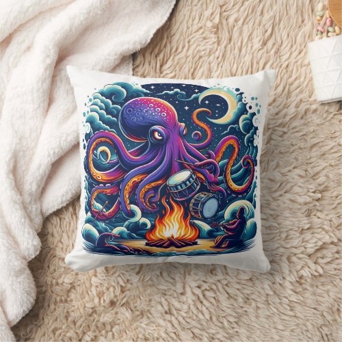 Octopus Playing Drums By Moonlit Campfire Throw Pillow