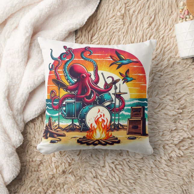 Octopus Playing Drums by the Beach at Sunset Throw Pillow (Blanket)
