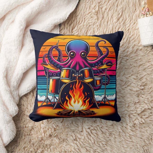 Octopus Playing Drums By The Campfire At Sunset Throw Pillow (Blanket)