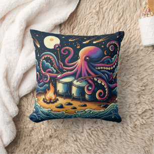 Octopus Playing Drums by the Campfire Under Stars Throw Pillow