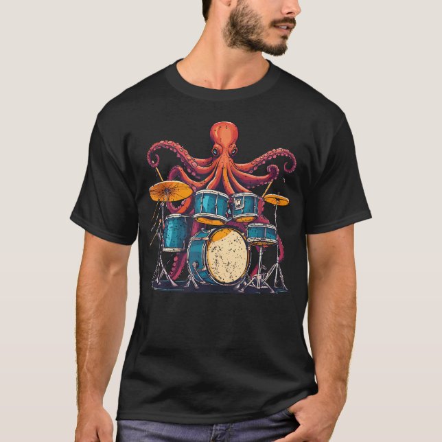 Octopus Playing Drums I Drummer Drumming Musician  T-Shirt (Front)