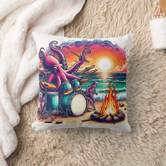 Octopus Playing Drums Near Campfire at Sunset Throw Pillow (Blanket)