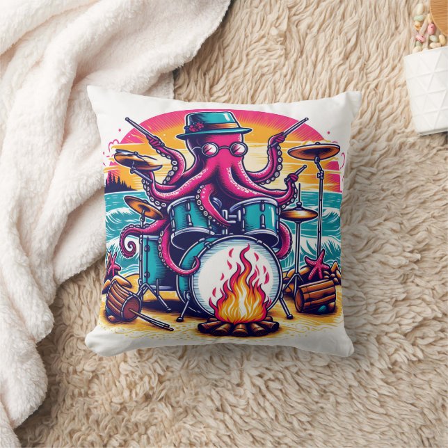 Octopus Playing Drums on Beach at Sunset Throw Pillow (Blanket)
