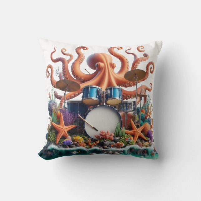 Octopus Playing Drums Surrounded by Coral Reef Throw Pillow (Front)