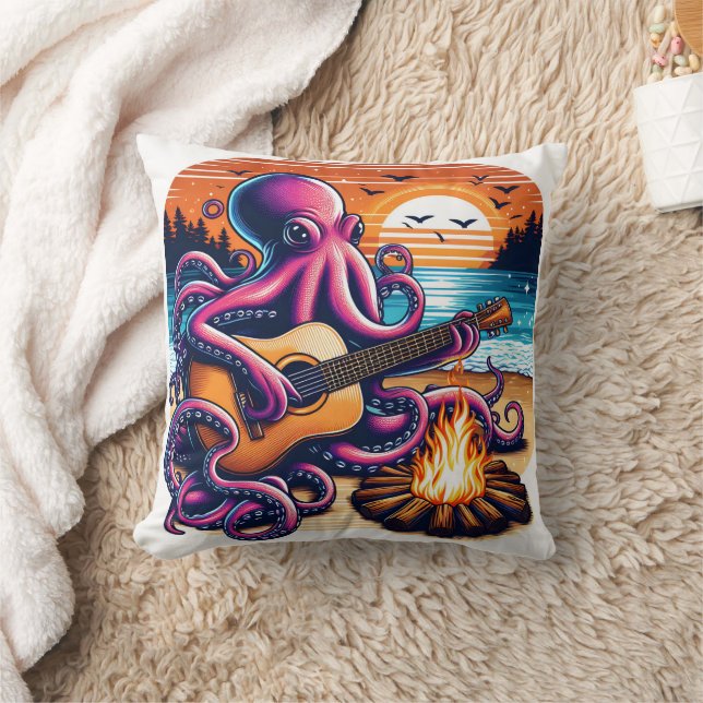 Octopus Playing Guitar by Campfire at Sunset Throw Pillow (Blanket)