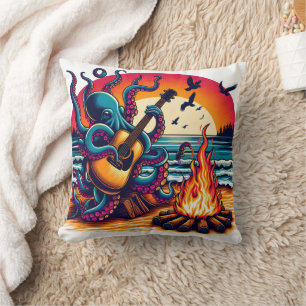 Octopus Playing Guitar by Campfire at Sunset Throw Pillow