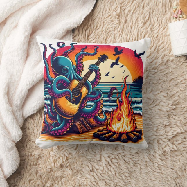 Octopus Playing Guitar by Campfire at Sunset Throw Pillow (Blanket)