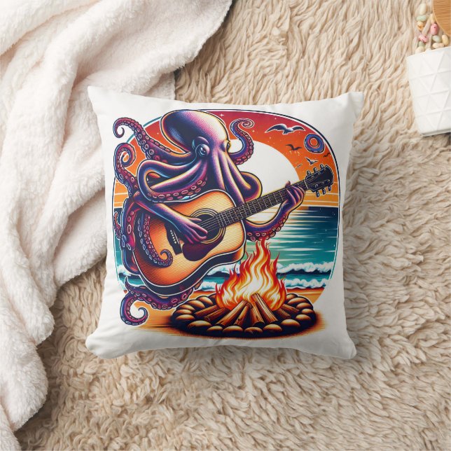 Octopus Playing Guitar by the Beach Campfire Throw Pillow (Blanket)