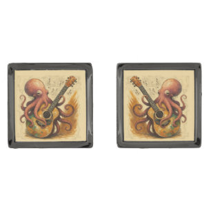 Octopus Playing Guitar Vintage Music Art Cufflinks