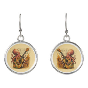 Octopus Playing Guitar Vintage Music Art Earrings