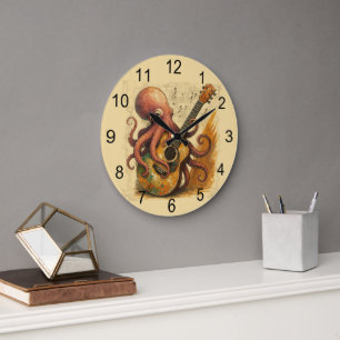 Octopus Playing Guitar Vintage Music Art Large Clock