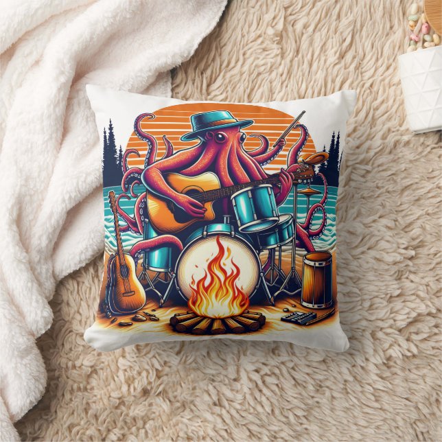 Octopus Playing Music by Campfire on Beach Throw Pillow (Blanket)