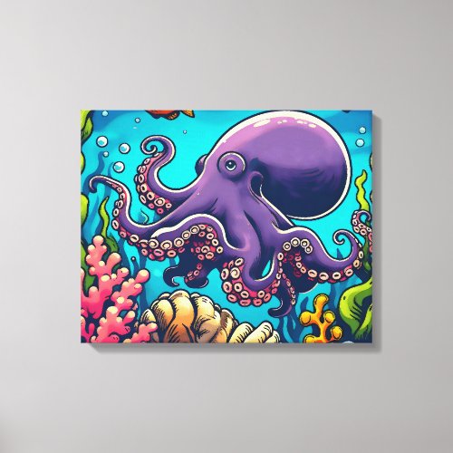 Octopus Purple Canvas With Coral